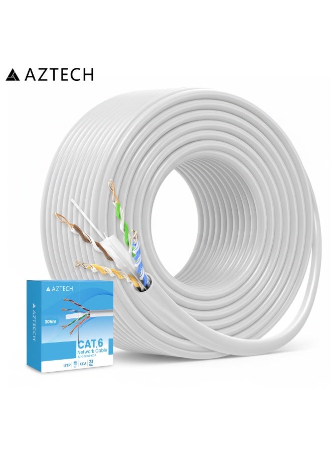Aztech كابل إيثرنت AZTECH Cat6 305م 23AWG CCA كابل شبكة LAN بالجملة أبيض، سرعة عالية 1Gbps 250MHz كابل إنترنت لجهاز التوجيه ومفتاح لوحة التوصيل وكاميرات المراقبة للمكتب والمنزل - Image 1